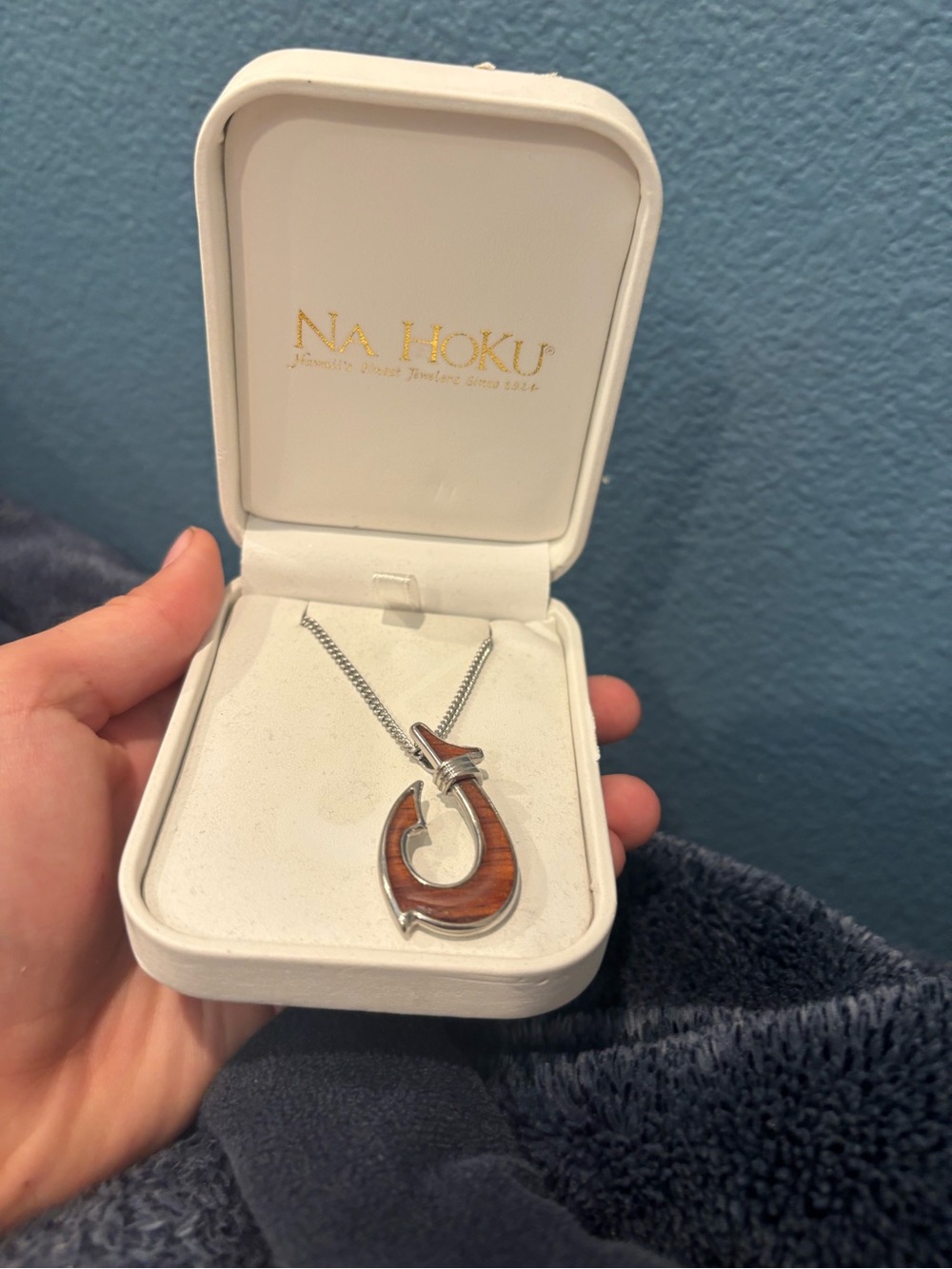 Na Hoku Silver Fish Hook Necklace with Brown Wood Inlay